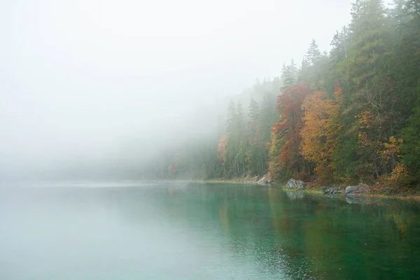 Paesaggio con lago in una nebbiosa giornata autunnale — Foto Stock