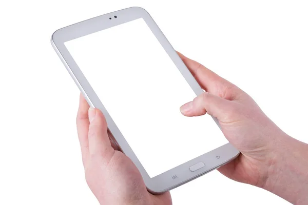 흰색 배경에 손을 여성의 태블릿 — 스톡 사진