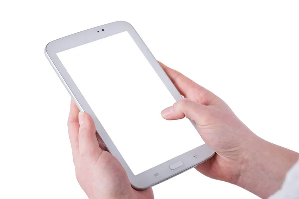 Tablet in vrouwen handen op een witte achtergrond — Stockfoto