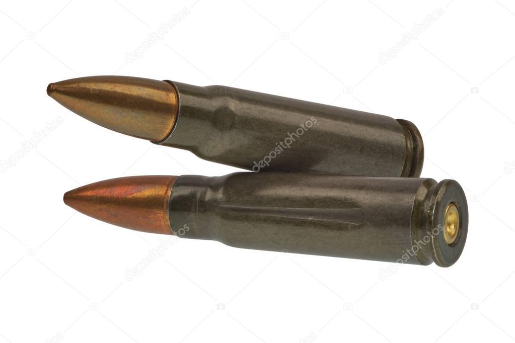 Submachine gun cartridges on a white background