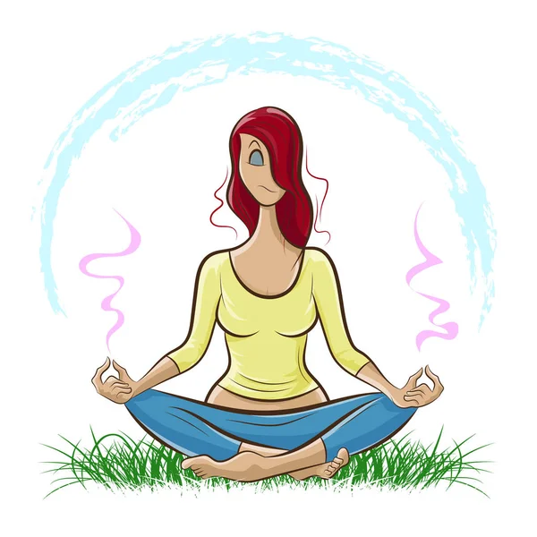 Krásná rusovlasá dívka dělá jógu a meditaci na trávníku — Stockový vektor