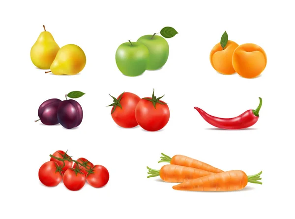 Set of fresh fruit and vegetables on white background — Stock Vector