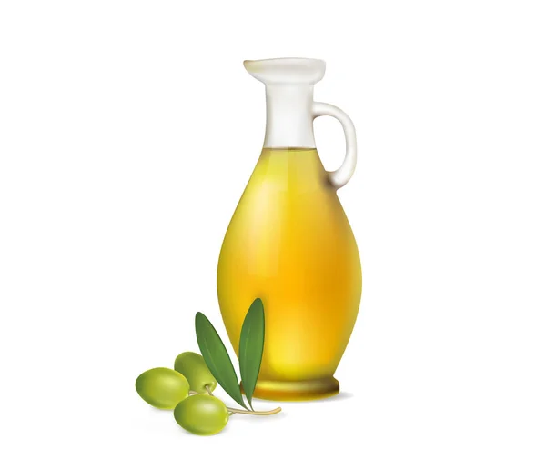 Jarra de aceite de oliva y rama de olivo sobre fondo blanco — Vector de stock
