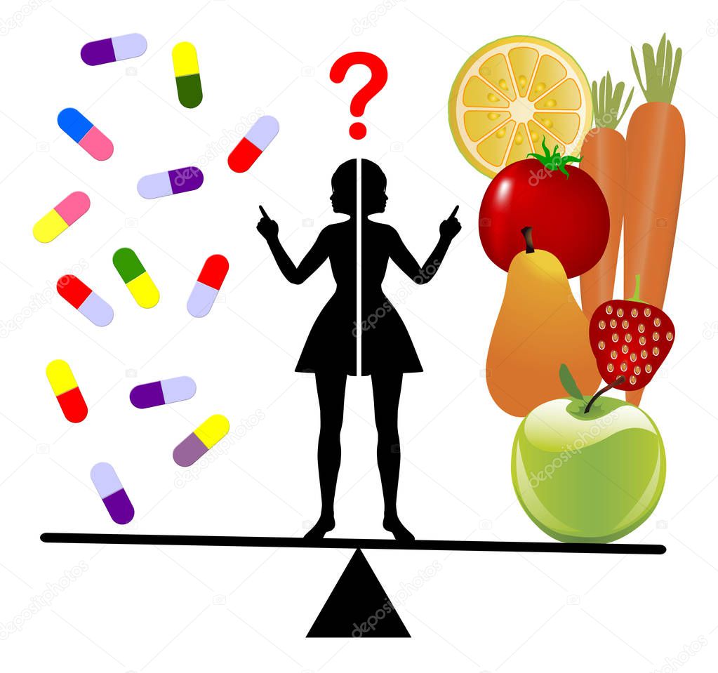 Dietary Supplements or Fruits and Vegie. Woman undecided between nutrients in a pill or real fruits and vegetables,