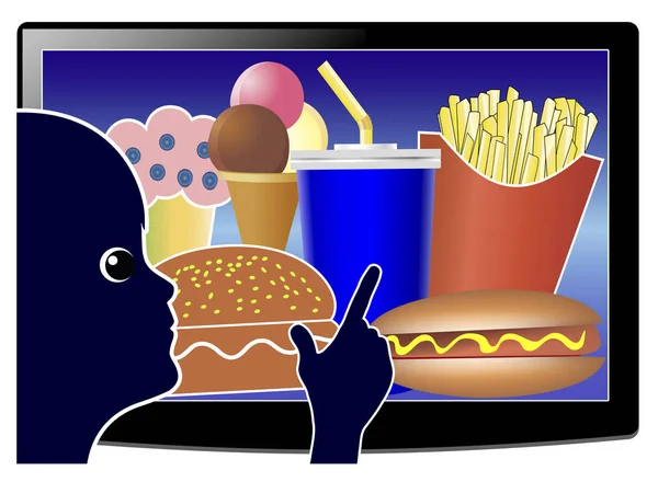 画面の時間は ジャンク フードの消費量を影響します 子供は 子供向けの食品広告のためテレビを見ながら悪い食習慣を開発します — ストック写真