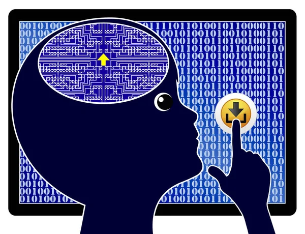 デジタルの子は 彼の脳を更新します 必要な知識をダウンロードしたコンピューターの子供の未来のビジョン — ストック写真
