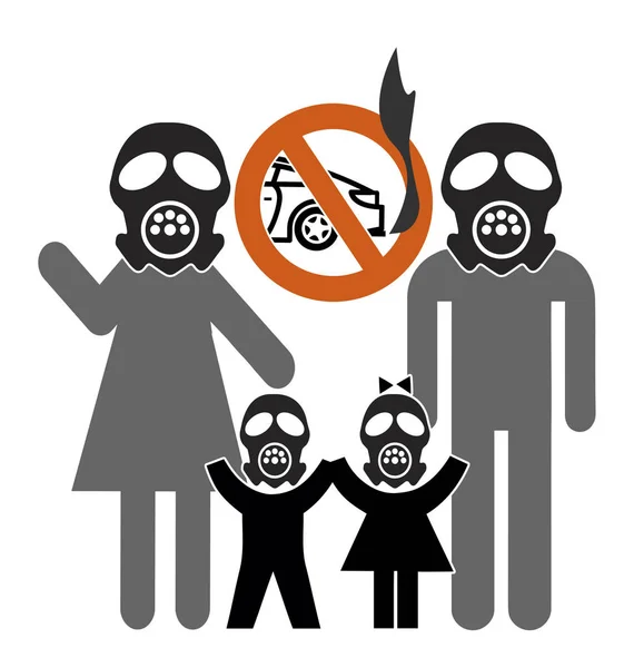 汽车禁令 以遏制空气污染 家庭与 Gasmasks 要求驾驶限制改善空气质量 — 图库照片