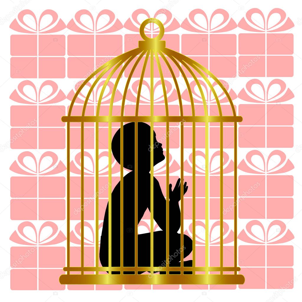 Child living in a gilded cage. Kid lives in luxury and wealth but lonely without freedom