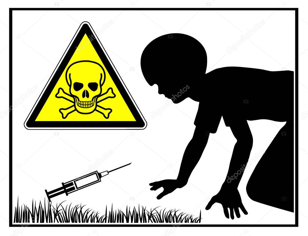 Child finds syringe playing outdoor. Discarded needles can be fatal for children. Blood-borne diseases such as hepatitis or HIV and remnants of heroin or other drugs are life threatening.