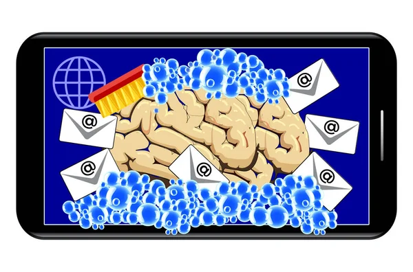 スマートフォンでの洗脳 人間の心はインターネットを介してメッセージの毎日の洪水によって制御され 操作されている — ストック写真