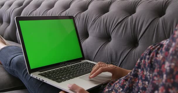Азіатська жінка використовує ноутбук вдома — стокове відео