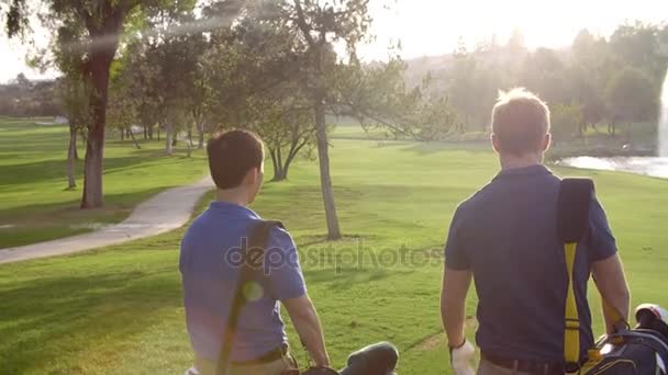 Мужчины-гольфисты идут по ярмарке — стоковое видео