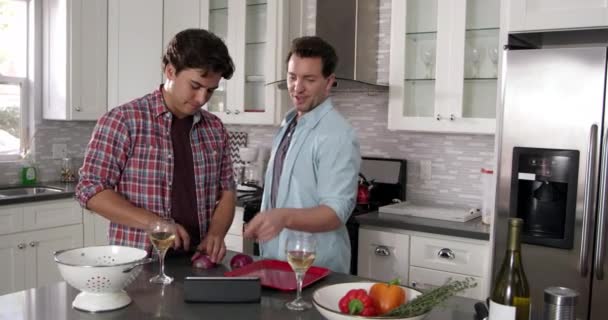 Mannelijke homo paar maaltijd bereiden — Stockvideo