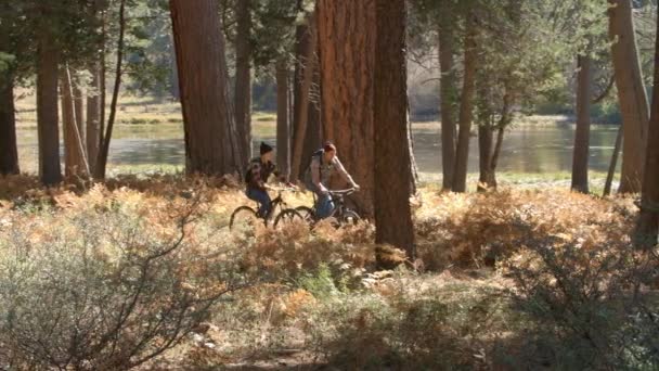 Couple talking as riding mountain bikes — Stock Video