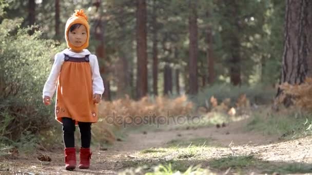 Asiática niño niña caminando en bosque — Vídeo de stock