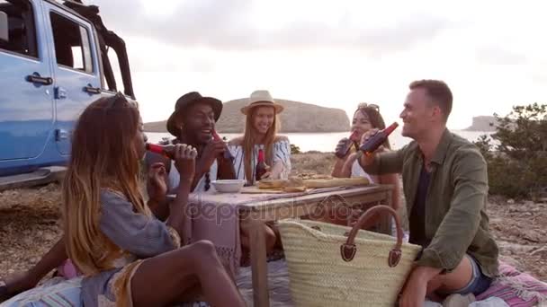 Freunde genießen Picknick auf Klippen am Meer — Stockvideo