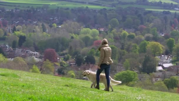 Зрелая женщина берет собаку на прогулку — стоковое видео
