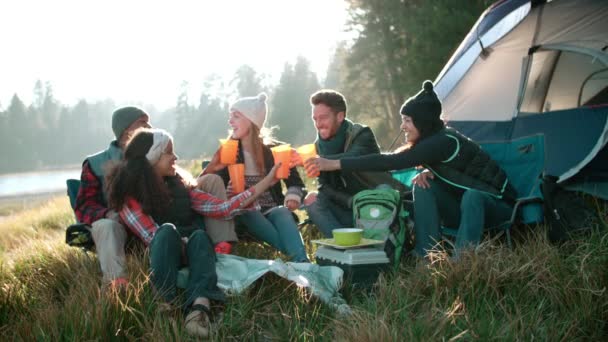 Groep vrienden op een het kamperen reis — Stockvideo