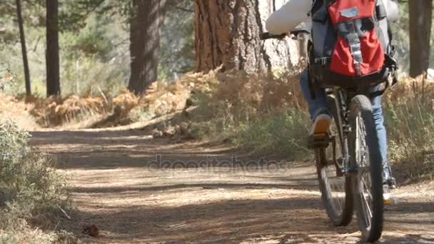 Παππούδες και τα παιδιά ποδηλασία στο δάσος μονοπάτι — Αρχείο Βίντεο