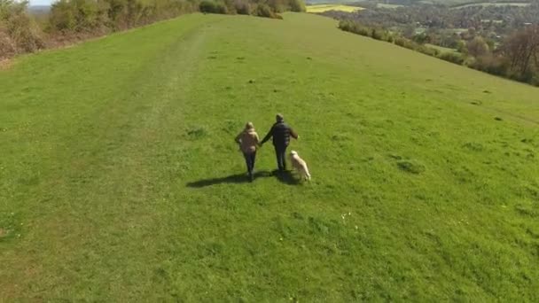 Couple d'âge mûr et chien en promenade — Video