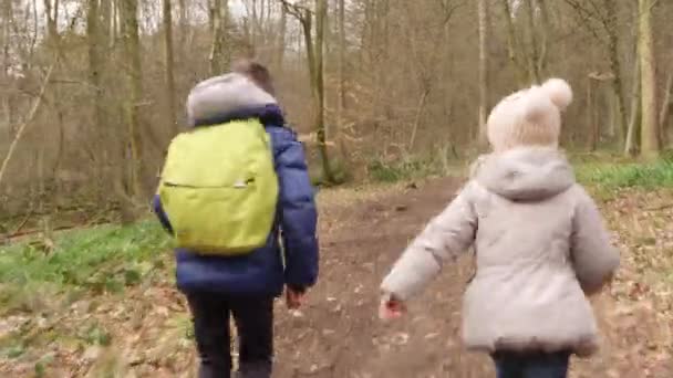 Niños corriendo por un sendero a través de un bosque — Vídeos de Stock