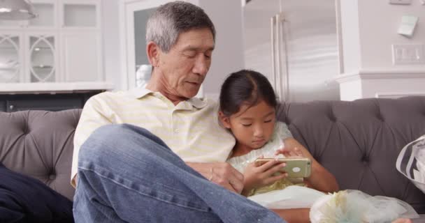 Grand-père et petite-fille utilisant le téléphone mobile — Video