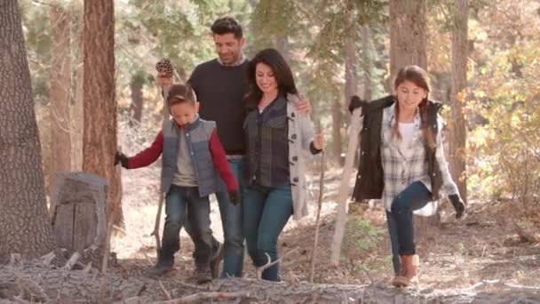 Família hispânica caminhando em uma floresta — Vídeo de Stock