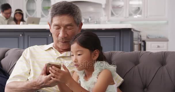 Opa en kleindochter gebruik mobiele telefoon — Stockvideo