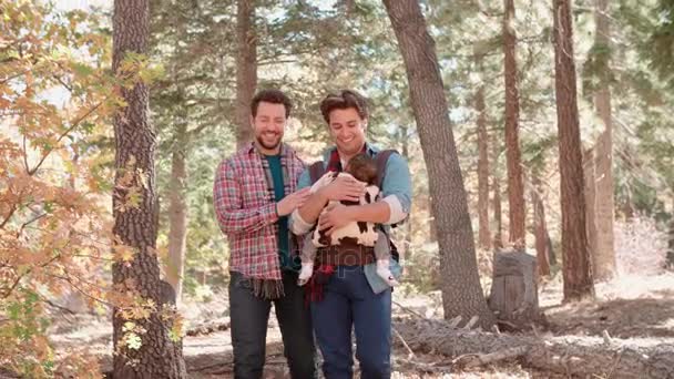 Mannelijke ouders in forest met baby — Stockvideo