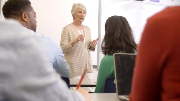 Mujer mayor enseñando clase adulta — Vídeos de Stock