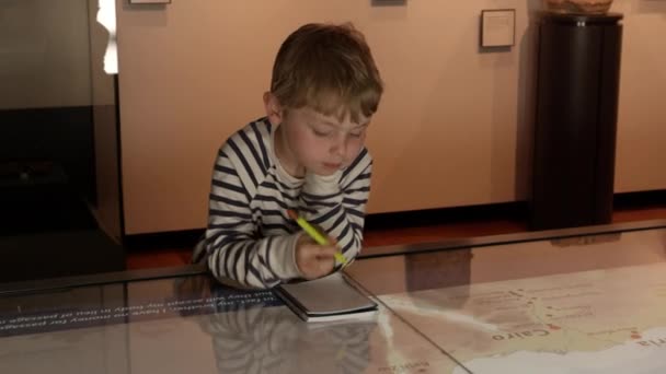 Menino em estudos de museus — Vídeo de Stock