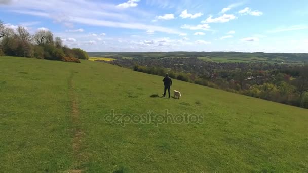 Человек с собакой на прогулке — стоковое видео