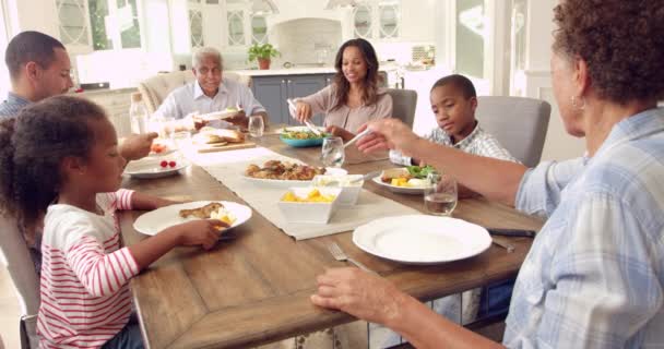 Uitgebreide familie groep eten van maaltijd — Stockvideo