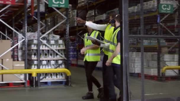 Staff walking though warehouse with manager — Stock Video