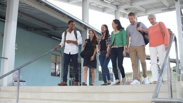 Lehrer laufen Schultreppe hinunter — Stockvideo