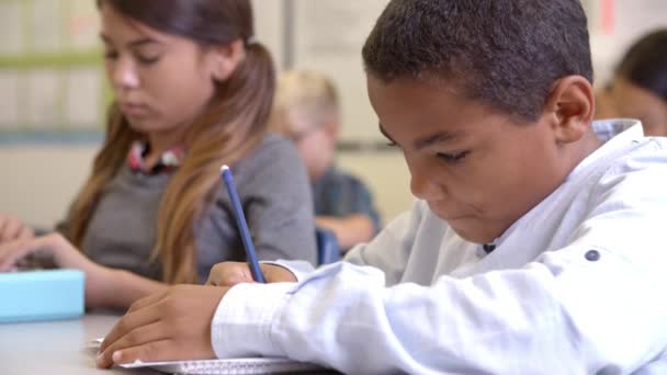 Colegial escribiendo en su escritorio en clase — Vídeos de Stock