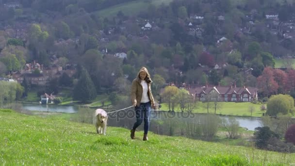 Mogen kvinna med hund på promenad — Stockvideo