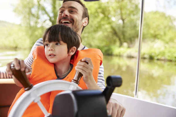Father And Son Enjoying Day Out In Boat — Stock Photo, Image