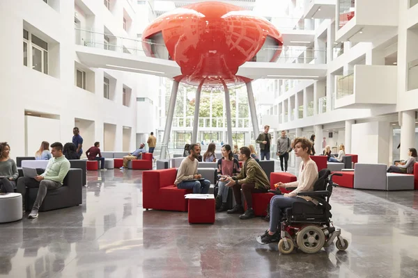 Estudante em cadeira de rodas e colegas no lobby — Fotografia de Stock