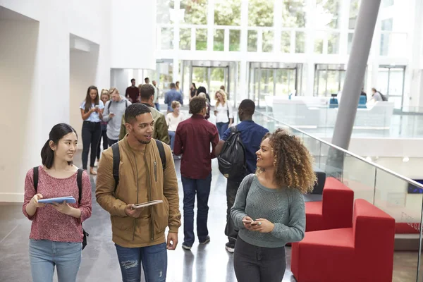 Estudiantes durante charla en lobby universitario — Foto de Stock