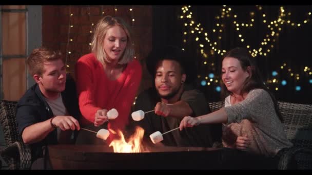 Couples Toasting Marshmallows By Firepit — Stock Video