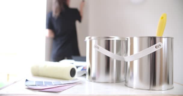 Mujer pintando con rodillo de pintura — Vídeos de Stock