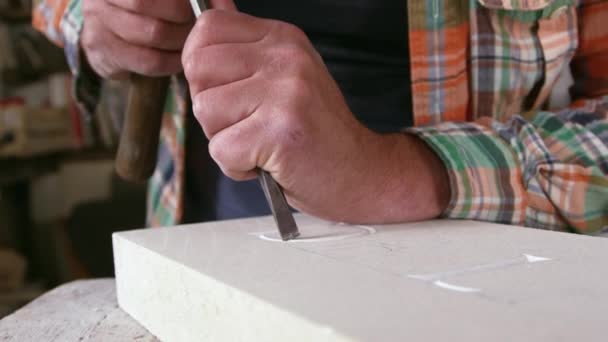 Stone Mason At Work On Carving — Stock Video