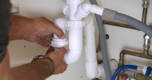 Male plumber fixing a kitchen sink — Stock Video