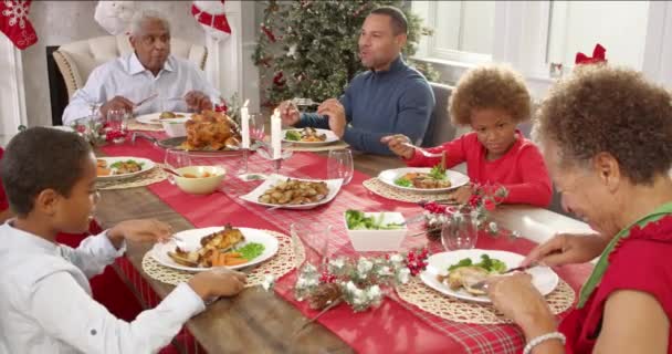 Familia con abuelos disfrutando de la comida de Navidad — Vídeo de stock