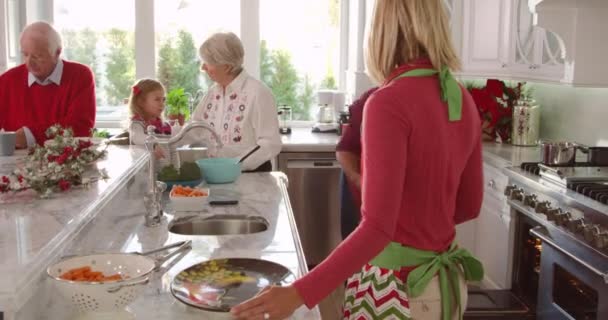 Familie mit Großeltern bereitet Weihnachtsessen zu — Stockvideo