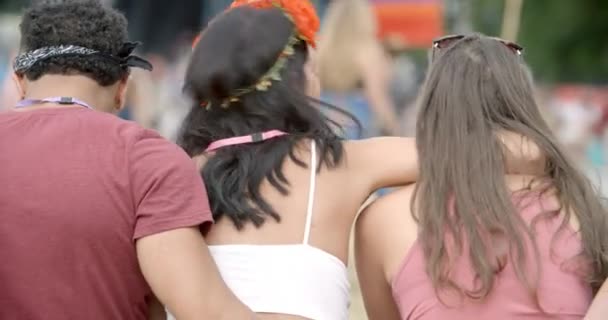 Freunde plaudern auf einem Musikfestival — Stockvideo