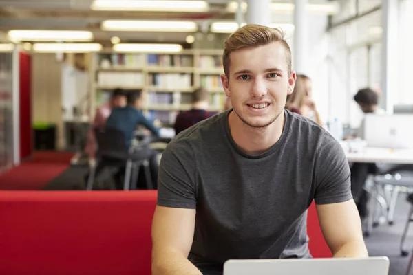 Estudante do sexo masculino trabalhando na biblioteca — Fotografia de Stock