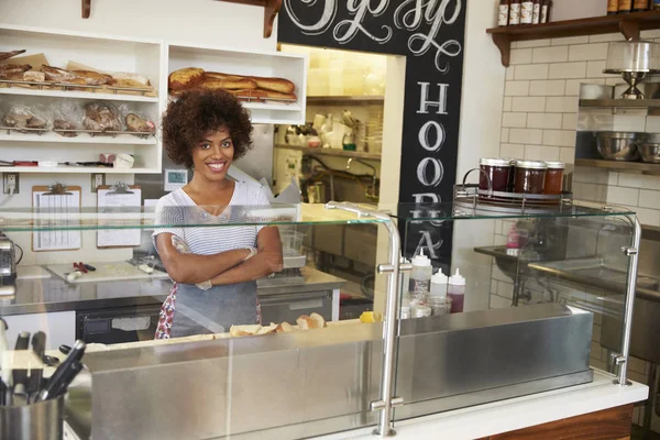 Female business owner behind counter — Stock Photo, Image