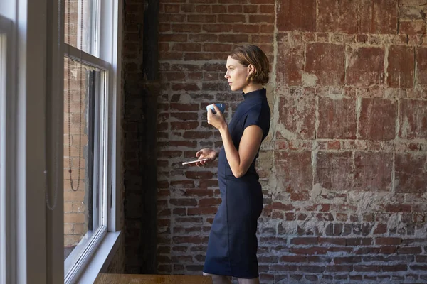 Podnikatelka, při pohledu na okna — Stock fotografie